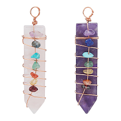 Mixed Stone 2Pcs 2 Style Natural Rose Quartz & Amethyst Big Pendants, with Rose Gold Brass Findings and Mixed Stone, Arrow, 60x14x11mm, Hole: 4.8mm, 1pc/style