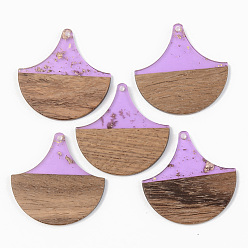 Lilac Transparent Resin & Walnut Wood Pendants, with Gold Foil, Fan, Lilac, 38x38x3mm, Hole: 2mm