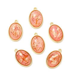 Light Salmon Resin Foil Pendants, with Light Gold Tone Alloy Findings, Oval, Light Salmon, 23.5x15.5x7.5mm, Hole: 1.6mm