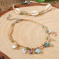 Платина Браслеты на лодыжку в богемном стиле, украшенные смешанными драгоценными камнями и натуральными ракушечниками, с кисточками и рафиевой нитью, двухслойные., платина, 9-1/2 дюйм (240 мм), 2 шт / комплект