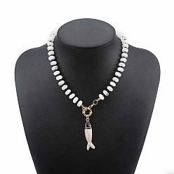 White Bohemian Alloy Enamel Fish Pendant Rondelle Resin Beaded Necklaces for Women, Golden, White, 16.97 inch(43.1cm)