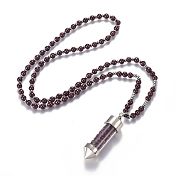 Гранат Кулон из натурального граната, со стеклянной бусинами и латунной фурнитурой, пуля, 27.9 дюйм (71 см), бусины : 6 мм, Кулон : 65x17.5 мм