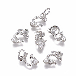 Letter G Латунь прелести, с фианитами и оболочки жемчужиной шарик, буквы, платина, прозрачные, letter.g, 9.5~11x3.5~10.8x3~3.5 мм, отверстие : 3.5 мм