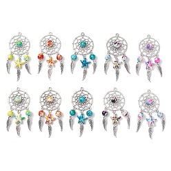 Античное Серебро Тканая сетка / паутина с подвесками из перьевого сплава, с подвесками из синтетических бирюзовых бусин, античное серебро, 66x28.5x8.5 мм, отверстие : 1.8 мм