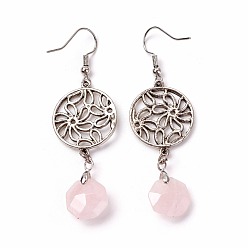 Розовый Кварц Естественно выросли болтаться серьги кварцевые, с латунными штифтами и подвесками из сплава, плоские круглые с цветком, 62 мм, кулон: 45x20 мм, контактный: 0.6 мм