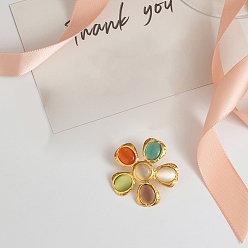 Золотой 304 женские манжеты из нержавеющей стали с камнями кошачий глаз, цветок, золотые, 35.5x37 мм, регулируемый