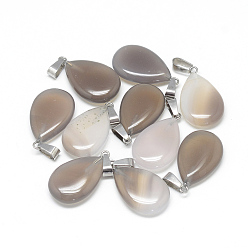 Grey Agate Teardrop Natural Grey Agate Pendants, with Platinum Tone Brass Findings, 25~29x16~17x5~6mm, Hole: 2x7mm