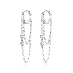 Platinum Brass Micro Pave Clear Cubic Zirconia Dangle Earrings, Double Layer Chain Tassel Hoop Earrings, Platinum, 50mm