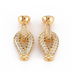 Real 18K Gold Plated Brass Micro Pave Clear Cubic Zirconia Fold Over Clasps, Nickel Free, Teardrop, Real 18K Gold Plated, 18x12x5mm, Hole: 2.5mm, Clasp: 15x7.5x7.5mm, Inner Diameter: 5.5mm