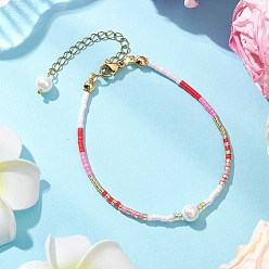 Pink Браслеты из стеклянных бусин для женщин, с жемчугом и бусинами из латуни, розовые, 7-1/8 дюйм (18 см)