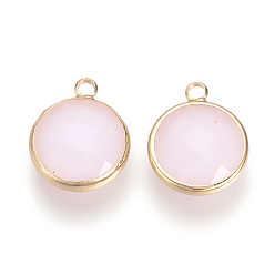 Pink Стеклянные подвески, с латунной фурнитурой , граненые, плоско-круглые, розовые, 9.5x6.5x2.5 мм, отверстие : 2 мм