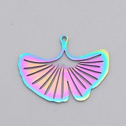 Rainbow Color 304 подвески из нержавеющей стали, лазерная резка, ионное покрытие (ip), гинкго лист, Радуга цветов, 23x30.5x1 мм, отверстие : 1.6 мм