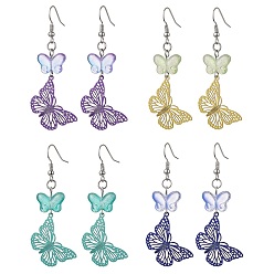 Couleur Mélangete 430 boucles d'oreilles pendantes en acier inoxydable et verre, papillon, couleur mixte, 61x22mm
