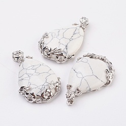 Говлит Валентина идеи подарков для парней натуральный подвески Howlite, с латунной фурнитурой , капля, платина, 38~41x26x8 мм, отверстие : 5x4 мм