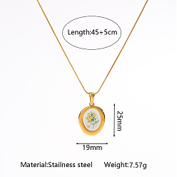 Oval Colliers pendentifs géométriques en acier inoxydable à imprimé floral pour femmes, or, blanc, ovale, 304 pouce (17.72 cm), pendentif: 45 mm