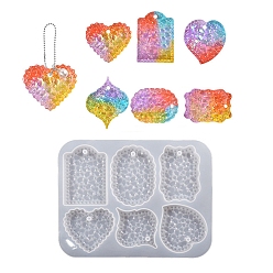 Mixed Patterns DIY Silicone Flash Diamond Effect Pendant Molds, Resin Casting Molds, for UV Resin, Epoxy Resin Jewelry Making, Heart/Rectangle/Oval, Mixed Patterns, 208x160x11mm, Hole: 6mm, Inner Diameter: 59~67x73.5~82.5mm
