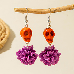 Серо-розавый Серьги-кисточки из сплава, смолы и хлопкового шнура на Хэллоуин, череп, платина, увядшая роза, 64x24 мм