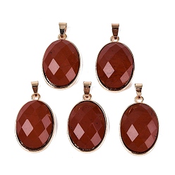 Red Jasper Natural Red Jasper Pendants, Brass Oval Bezeled Charms, with Iron Snap On Bails, Faceted, Golden, 31.5x20x8~9mm, Hole: 6.5~7.5x3.5~4.5mm