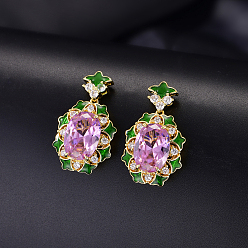 Violet Brass Micro Pave Cubic Zirconia Oval Stud Dangle Earrings for Women, Golden, Violet, 31x16.4mm