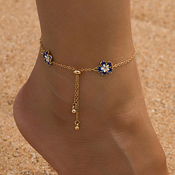 Золотой Браслеты на лодыжку с эмалированными звеньями в виде голубых цветов, выполненные из сплава, с голубыми цветами., золотые, 12-3/8 дюйм (315 мм)