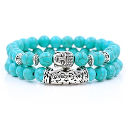 Натуральная Бирюза 2 шт. 2 браслеты из натуральной бирюзы в стиле стрейч с головой Будды из сплава, украшения из драгоценных камней для женщин, 7~1/4~7-1/2 дюйм (18.5~19 см), 1 шт / стиль