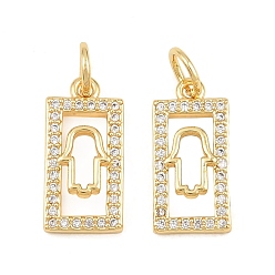 Real 18K Gold Plated Brass Micro Pave Clear Cubic Zirconia Charms, Rectangle with Hamsa Hand Charms, Rack Plating, Long-Lasting Plated, Cadmium Free & Lead Free, Real 18K Gold Plated, 15x7.5x2mm, Hole: 3.5mm
