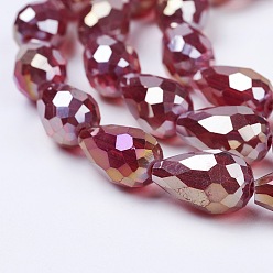 Dark Red Electroplate Glass Beads Strands, AB Color Plated, Faceted Teardrop, Dark Red, 15x10mm, Hole: 1mm, 50pcs/strand, 27.1 inch