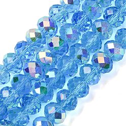 Светло-Голубой Гальванизируйте прозрачное стекло бисер нитей, рондель, с покрытием AB цвета, с половиным покрытием, граненые, Небесно-голубой, 8x6 мм, отверстие : 1.2 мм, около 78~80 шт / нитка, 6.89~19.02'' (47.5~48.3 см)