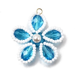 Темно-Голубой Стеклянные подвески, цветочный шарм, с 304 соединительными кольцами из нержавеющей стали и круглыми бусинами из ракушек, граненые, глубокое синее небо, 33.5~34x34.5~35x8.5 мм, отверстие : 3 мм