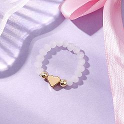 Белый Кольца-растяжки из стеклянных и латунных бусин для женщин, сердце, белые, внутренний диаметр: 23 мм