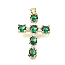 Green Brass Pave Cubic Zirconia Pendants, Cross with Round Charms, Long-Lasting Plated, Cadmium Free & Lead Free, Real 18K Gold Plated, Green, 31.5x21x4mm, Hole: 4x3.5mm