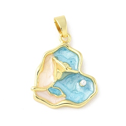 Сердце Латунь эмаль подвески, с абс пластмассовой имитационной жемчужиной, долговечный, без кадмия и без свинца, стойки покрытие, реальный 18 k позолоченный, цветок, сердце, 25.5x21.5x8.5 мм, отверстие : 6.4x3 мм