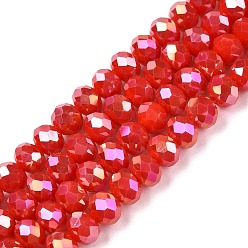 Красный Стеклянные бусины с гальваническим покрытием , непрозрачный сплошной цвет, с покрытием AB цвета, граненые, рондель, красные, 6x5 мм, отверстие : 1 мм, около 80~85 шт / нитка, 38~40 см