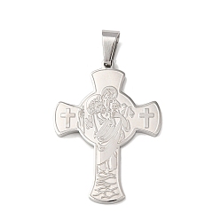 Нержавеющая Сталь Цвет 304 прелести нержавеющей стали, крест со святым Христофором и Иисусом, цвет нержавеющей стали, 41.5x30x3 мм, отверстие : 7.5x5 мм