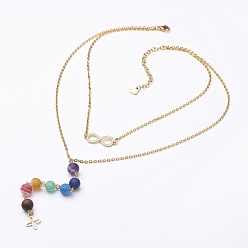 Golden 304 Stainless Steel Tiered Necklaces, with Mixed Stone Beads and Brass Micro Pave AAA Cubic Zirconia Infinity Link, Golden, 13.1 inch(33.5cm)