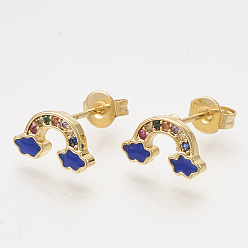 Blue Brass Cubic Zirconia Stud Earrings, with Enamel and Ear Nuts, Rainbow, Golden, Blue, 6x11mm, Pin: 0.7mm