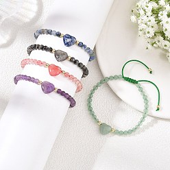 Mixed Stone Adjustable Natural & Synthetic Mixed Gemstone Heart and Round Braided Bead Bracelets for Women, Inner Diameter: 2.17~3.07 inch(5.5~7.8cm)