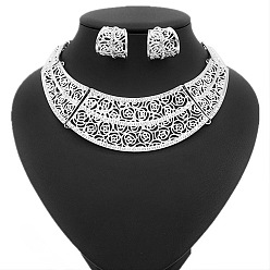 Платина Ожерелья и серьги-кольца из сплава с узором «роза» и кристаллами горного хрусталя, платина, 370 мм