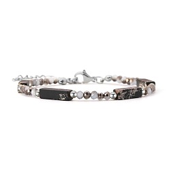 Negro Pulseras bohemias de jaspe imperial sintético teñido con forma de cuboide y cuentas de vidrio con cadenas terminales de acero inoxidable., color acero inoxidable, negro, 304 pulgada (7.09 cm)