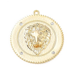 Real 18K Gold Plated Brass Micro Pave Clear Cubic Zirconia Pendants, Flat Round with Lion Charms, Real 18K Gold Plated, 25x23x3mm, Hole: 1.2mm