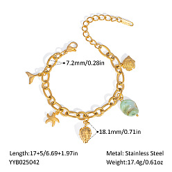 Настоящее золото 18K Стильные браслеты с подвесками из нержавеющей стали в виде океана, Браслеты из овальных звеньев цепи для женщин, морская звезда и форма ракушки и рыба, реальный 18 k позолоченный, 6-3/4 дюйм (17 см)
