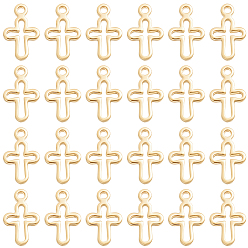 Real 24K Gold Plated 80Pcs Brass Tiny Cross Charms, Long-Lasting Plated, Real 24K Gold Plated, 10x6.5x1mm, Hole: 0.9mm
