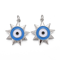 Платинированный Латунь эмаль подвески, с прыжковых колец, долговечный, звезда с голубым сглазом, Реальная платина, 22x20x3 мм, отверстие : 3 мм