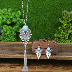 Rhombus Ожерелья и серьги-подвески из сплава с синтетической бирюзой, античное серебро, ромб, серьги: 56x25 mm