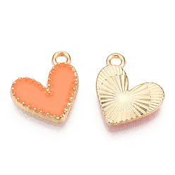 Coral Alloy Enamel Charms, Cadmium Free & Nickel Free & Lead Free, Light Gold, Heart Charm, Coral, 14x13.5x2mm, Hole: 1.5mm