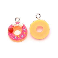 Hot Pink Resin Pendants, with Platinum Iron Loop, Imitation Food, Donut, Hot Pink, 19x14.5x9.5mm, Hole: 2mm