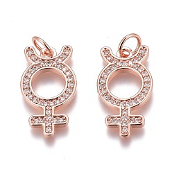 Roségold Messing micro pave klare zirkonia anhänger, langlebig überzogen, mit Ringe springen, weibliche Geschlecht Zeichen, Roségold, 19x10.5x2 mm, Bohrung: 3 mm