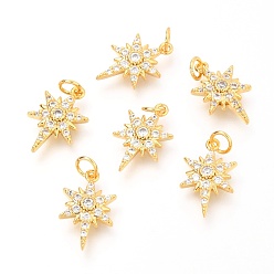 Настоящее золото 18K Латунные микропаве прозрачные кубические циркониевые подвески, с прыжковых колец, звезда, реальный 18 k позолоченный, 14x8.7x2.46 мм, отверстие : 2.6 мм