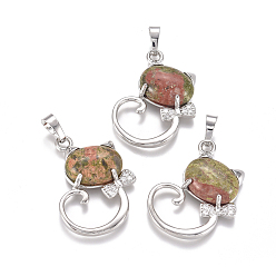 Унакит Кулоны с котятами из унакита, с латунными находками платинового тона и хрустальным стразами, кошка в форме банта, 32x25.5x7.5 мм, отверстие : 4.5x7 мм