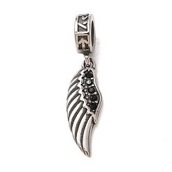 Chorro 316 Colgantes europeos de acero inoxidable quirúrgico y diamantes de imitación, ala, plata antigua, jet, 29 mm, agujero: 5 mm